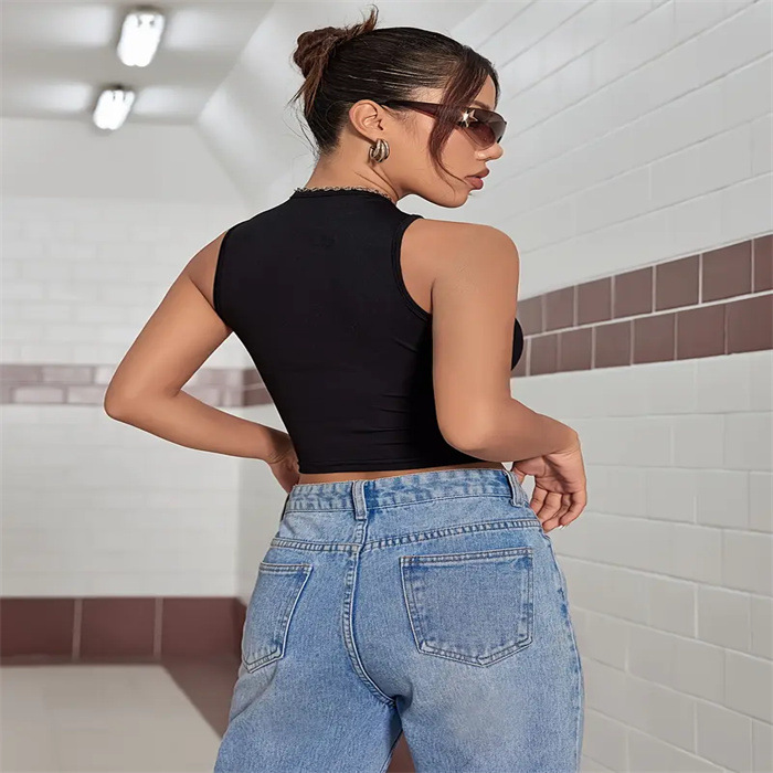 Cross-border new style European and American hot girl crop top, American sexy round neck halter sleeveless letter print top Specification drawing