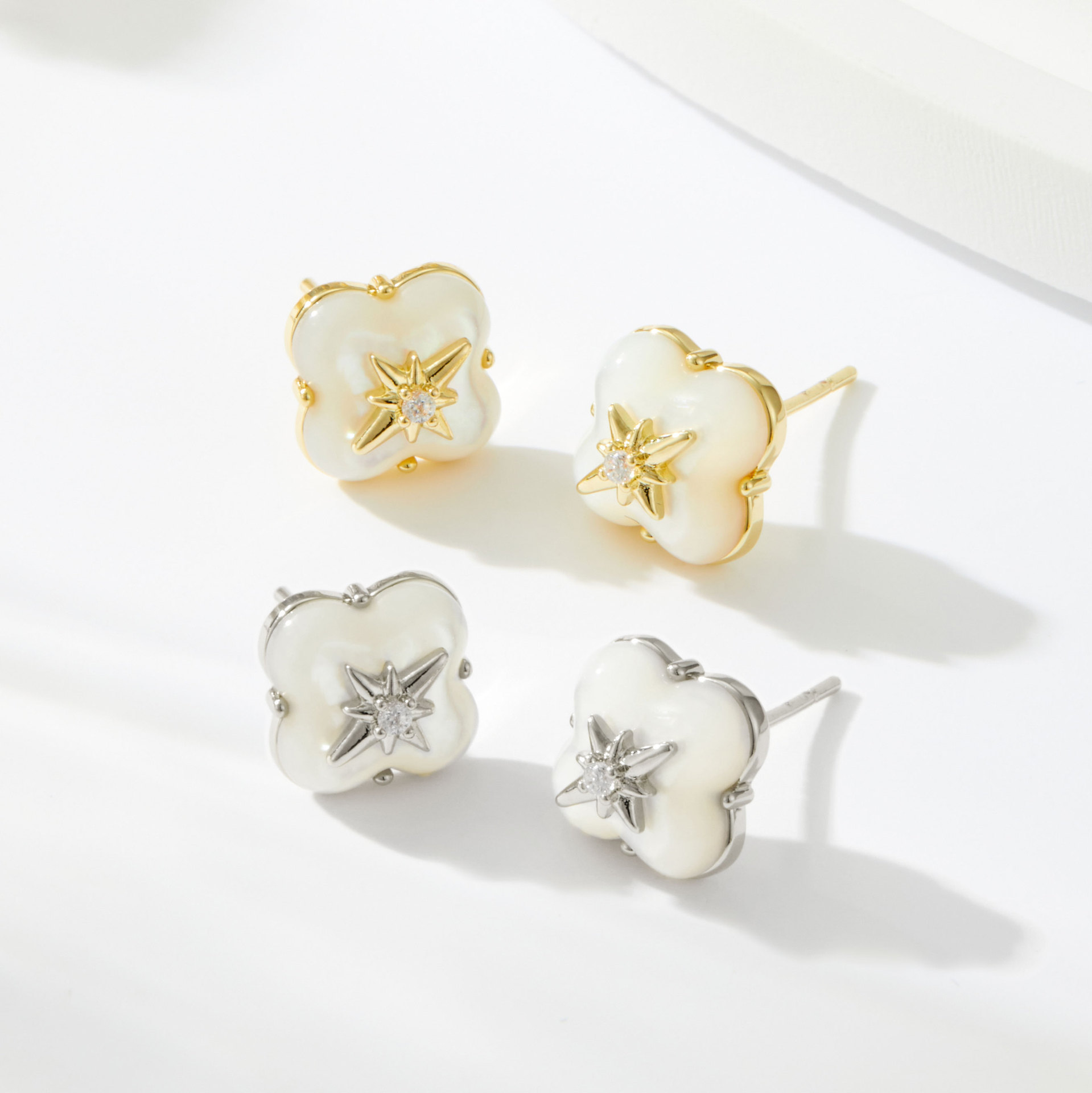 Light luxury and high-end feel, mother-of-pearl eight-pointed star four-leaf clover ear studs, copper alloy, real gold electroplated, s925 silver needle, versatile earrings details Picture