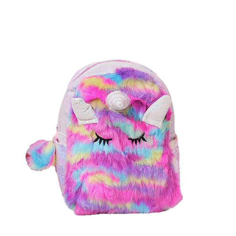 Cross-border supply of tie-dyed plush unicorn schoolbags, hairball keychains, sequined backpacks, versatile and fashionable storage Item Picture
