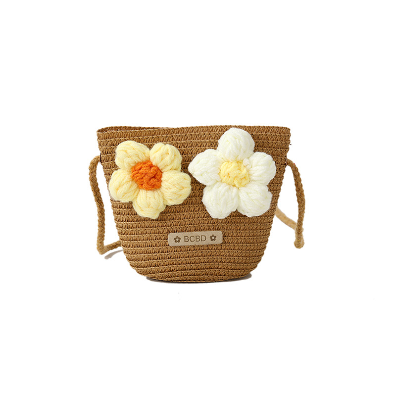 Summer straw bag hand-woven vacation bag for girls and children, cute flower straw bag by the seaside, crossbody coin purse Item Picture