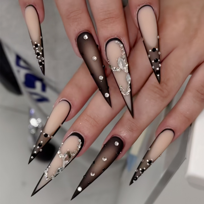 Cross-border European and American bestsellers, long French handcrafted nail art pieces, water diamond gradient detachable hand nail patches