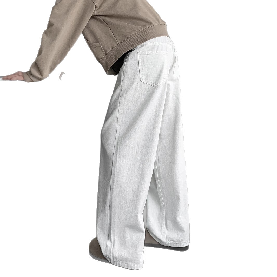 White jeans, a loose, casual and versatile American retro floor-length wide-leg straight-leg long pants for men's spring and autumn fashion Item Picture