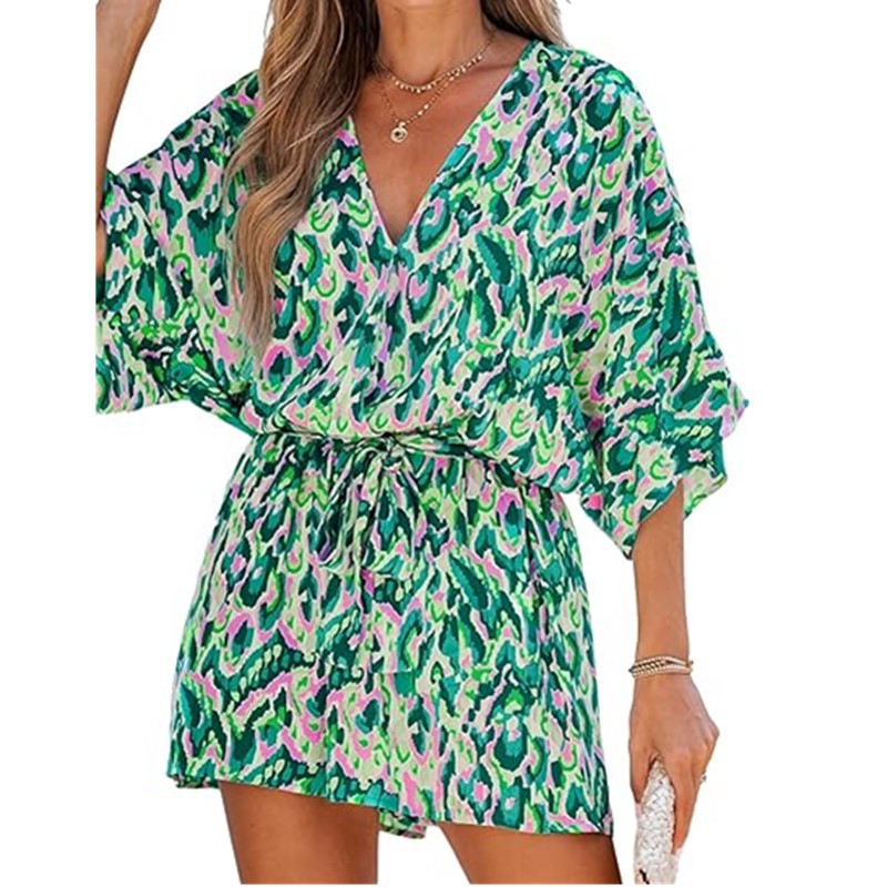 2024 Amazon Summer Women's Casual cross-border European and American new V-neck printed tie bat jumpsuit women's wear Specification drawing