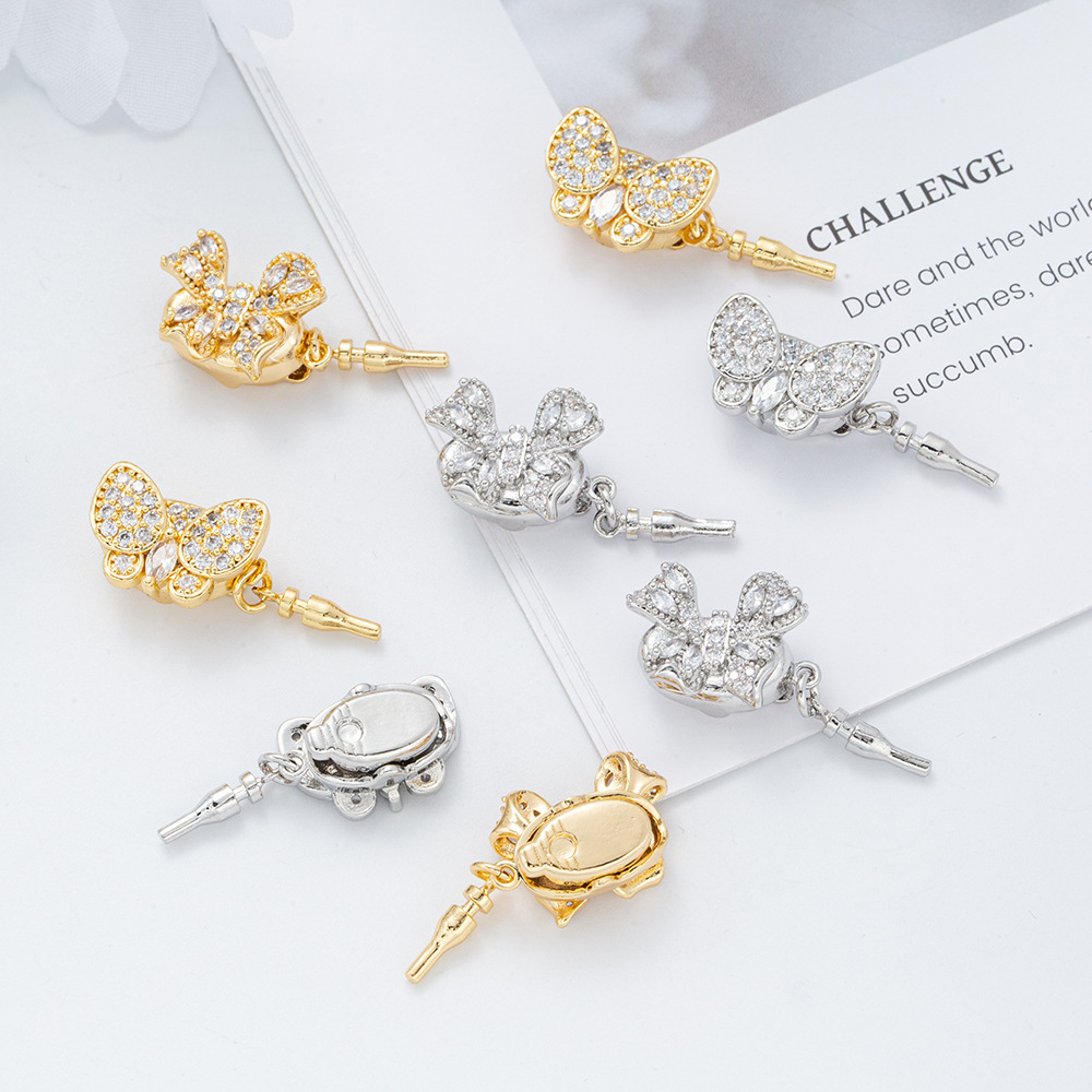 14K gold-plated and zirconium-inlaid three-dimensional bow, pin-type ingot buckle, insertable buckle head diy accessory snap