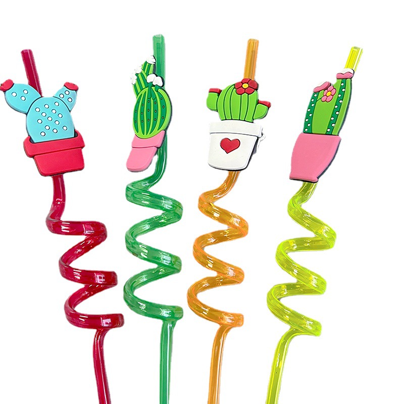 In-stock creative straws, PET spiral-shaped beverage straws, cactus decorative colored artistic plastic straws