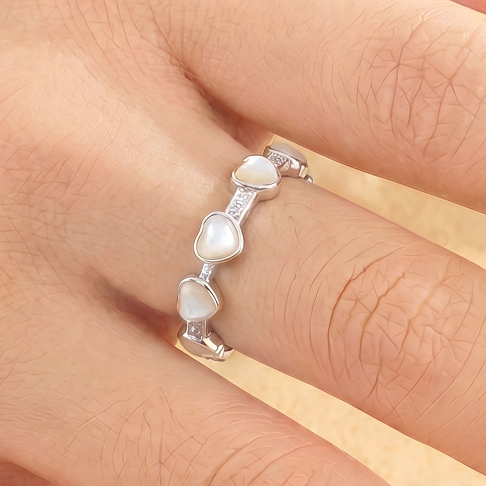 Factory direct supply of heart-shaped mother-of-pearl open ring, copper alloy inlaid with zirconium, light luxury, versatile and adjustable ring in stock for wholesale