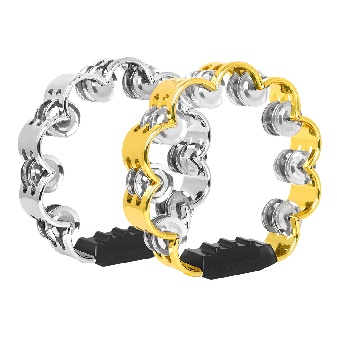 Plum blossom stainless steel hand-cranked bells, double-layer flower drum rings, percussion instruments, musical props, children's dance, double-row bells Item Picture