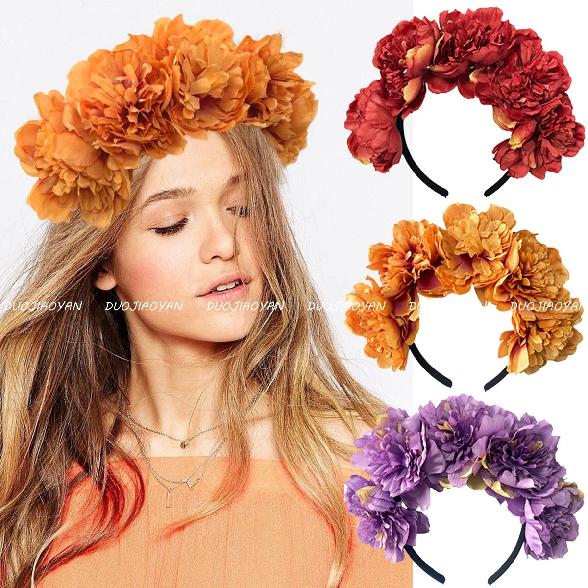European and American cross-border simulated camellia flower headband, exaggerated large flower bride headwear, carnival ball headwear, headband for women details Picture