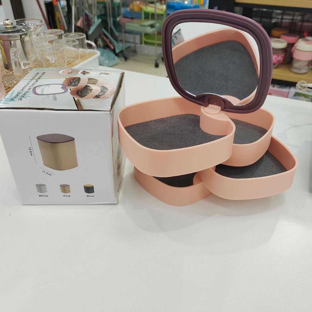 360°旋转带镜子四层绒布首饰盒珠宝饰品分类整理收纳盒跨境热销图