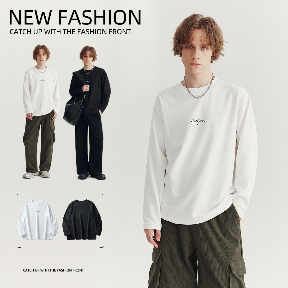 APO Men's Wear: 2024 Autumn New printed long-sleeved T-shirt, a trendy men's wear brand with a loose round neck and comfortable base layer