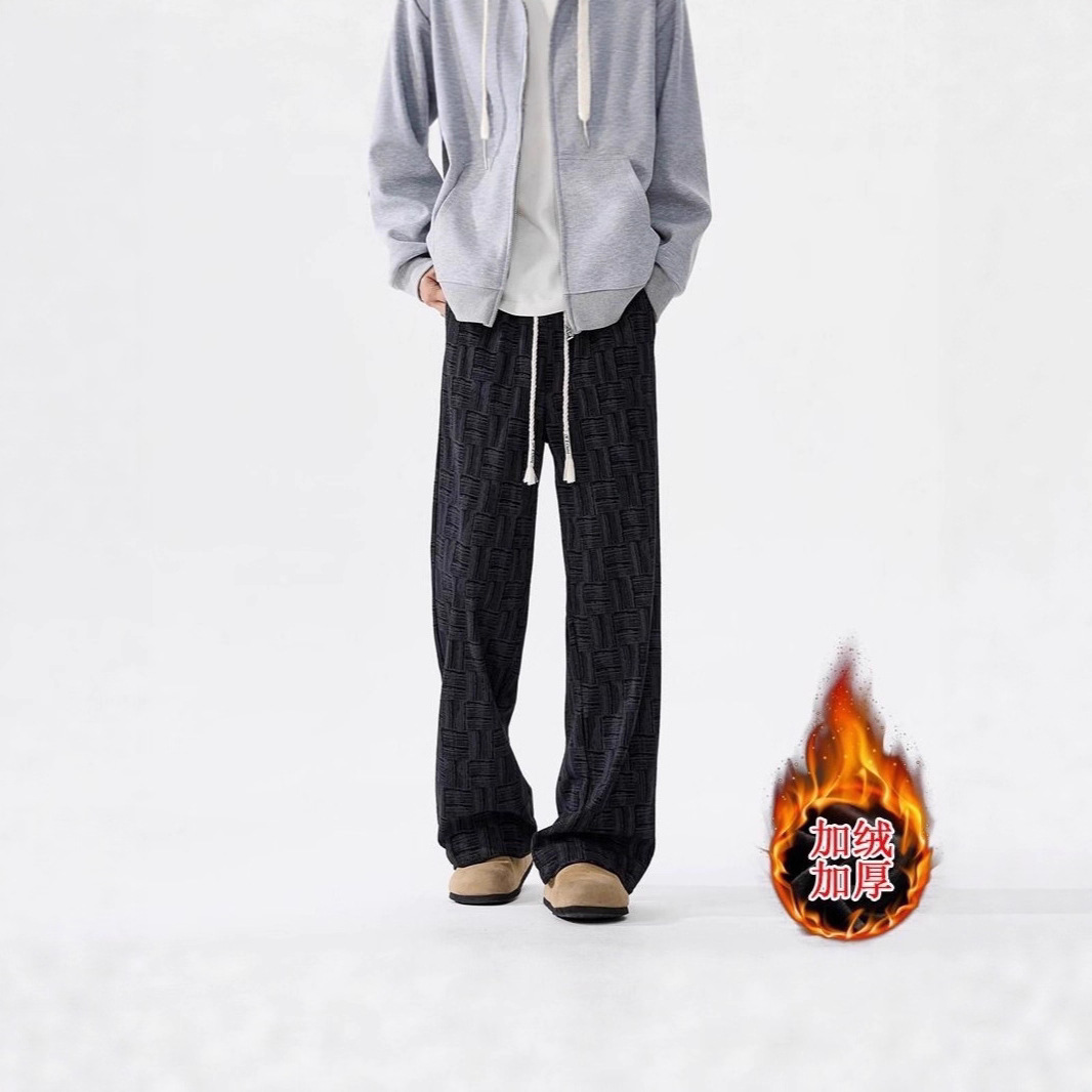 Sporty and trendy men's corduroy checkered wide-leg casual pants, trendy autumn and winter fleece and thickened straight-leg casual pants details Picture