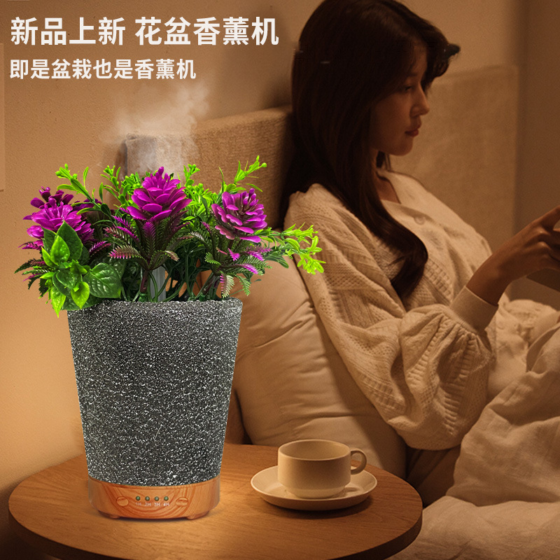 120ml cross-border 5v simulation flower pot essential oil aroma diffuser, intelligent home fragrance machine, seven-color bedroom night light