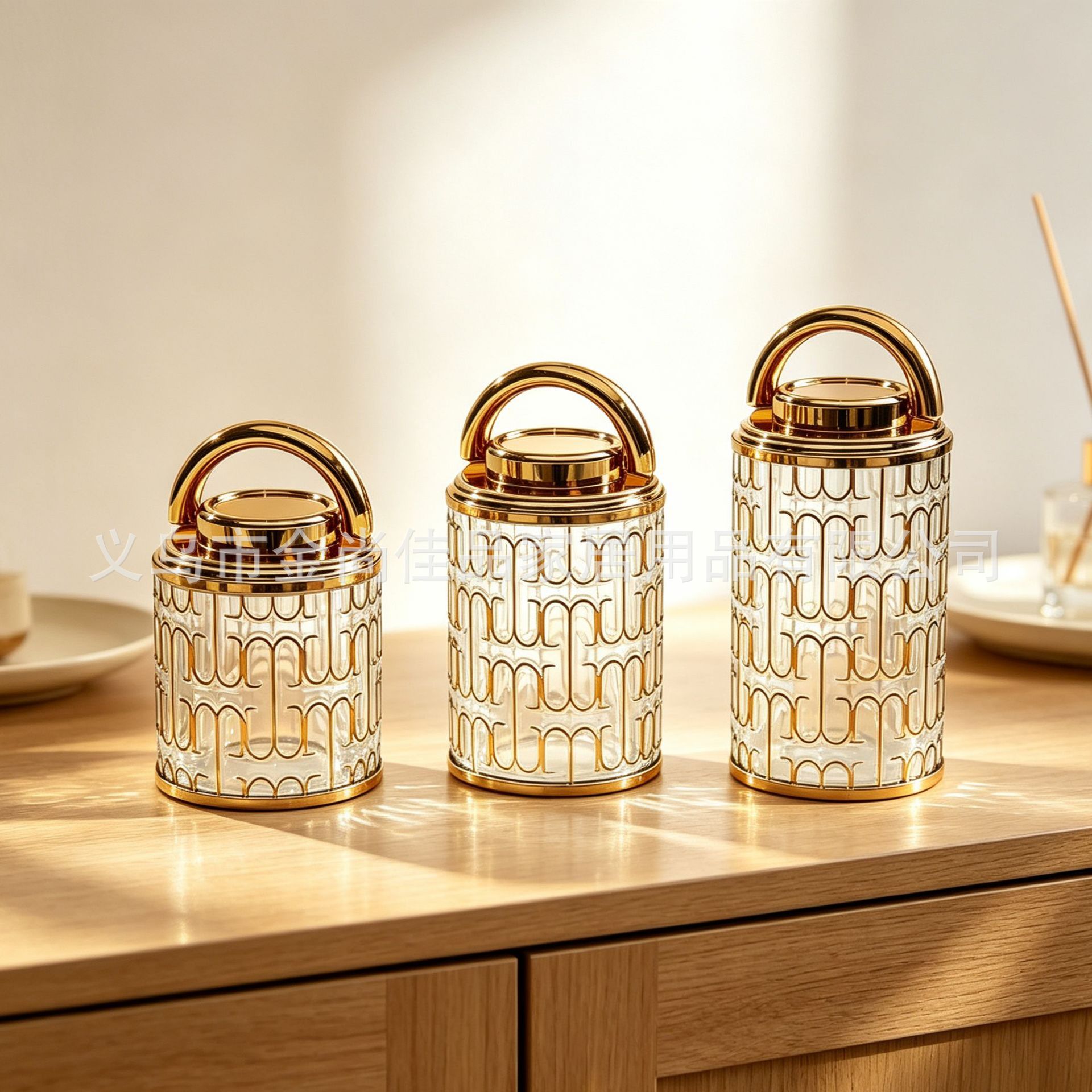 Light luxury gold-edge glass sealed jar three-piece set Storage jar, large, medium and small storage jars, candy storage jars