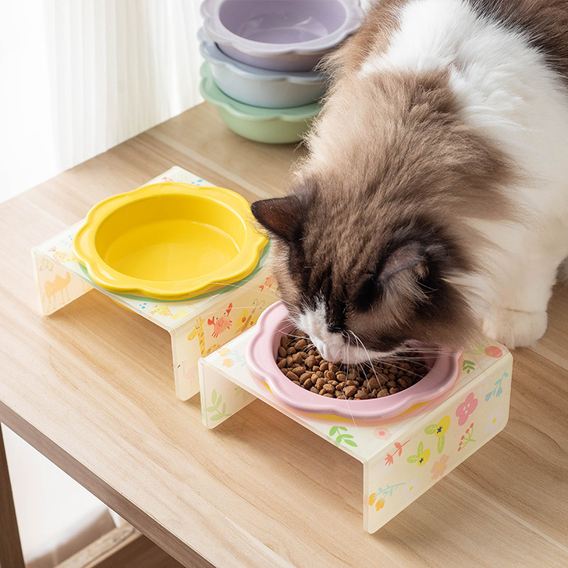 Cartoon pet bowl, acrylic stand, flower ceramic cat bowl, height-increasing dining table, single bowl stand for cats and dogs, neck guard to prevent knocking details Picture