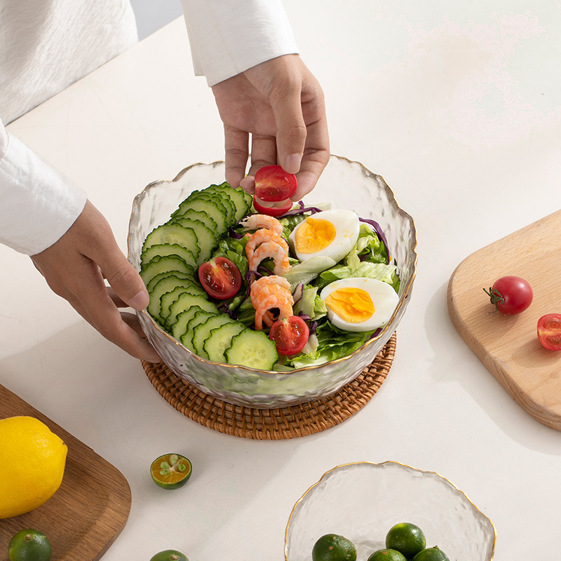 Gymbobaby Salad Bowl set, home light luxury golden-edge fruit plate, lead-free heat-resistant, popular crystal glass soup noodle bowl Specification image