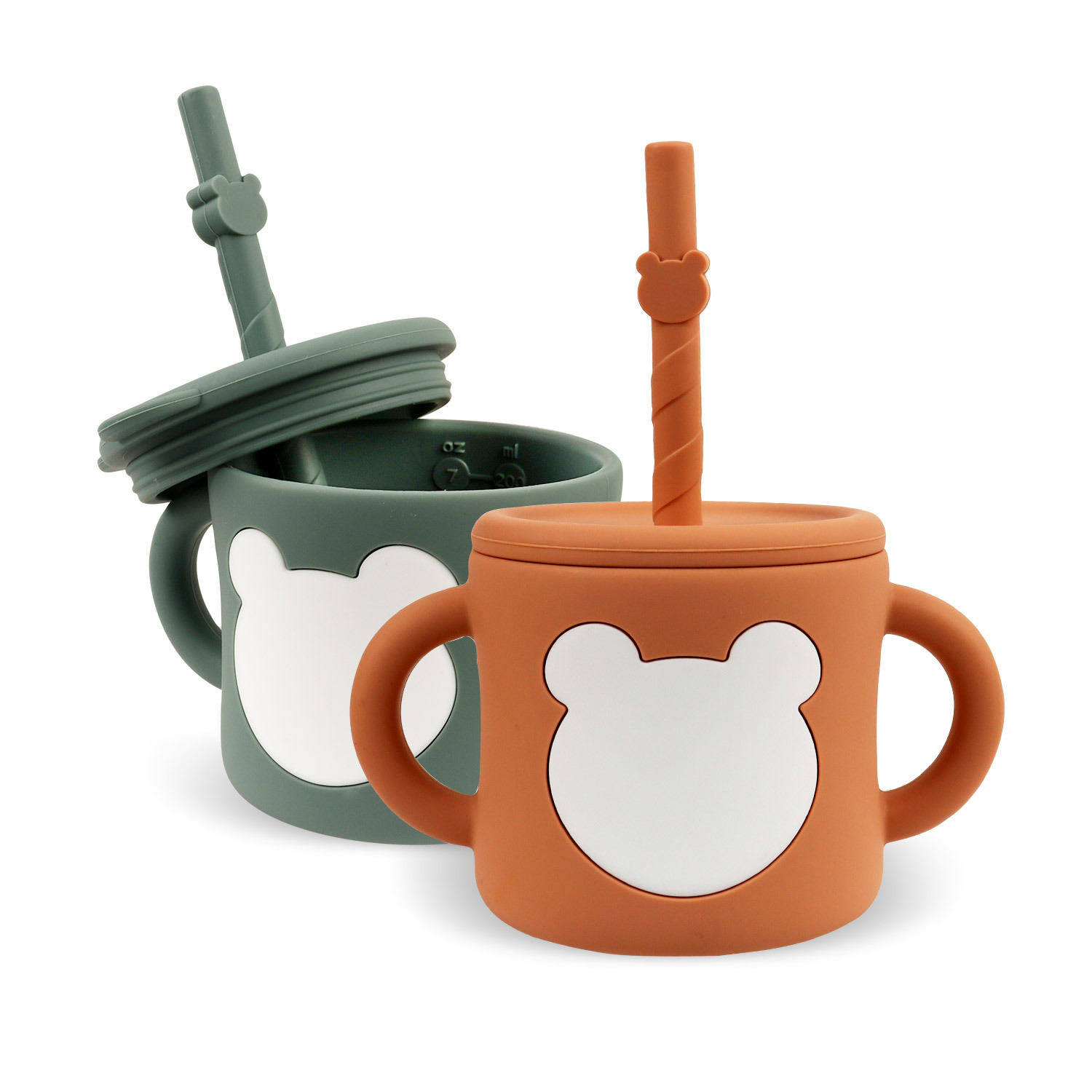 Children's silicone water cups, drinking cups with straws, anti-drop, double-handle graduated direct drinking cups for babies over 1 year old in stock full figure