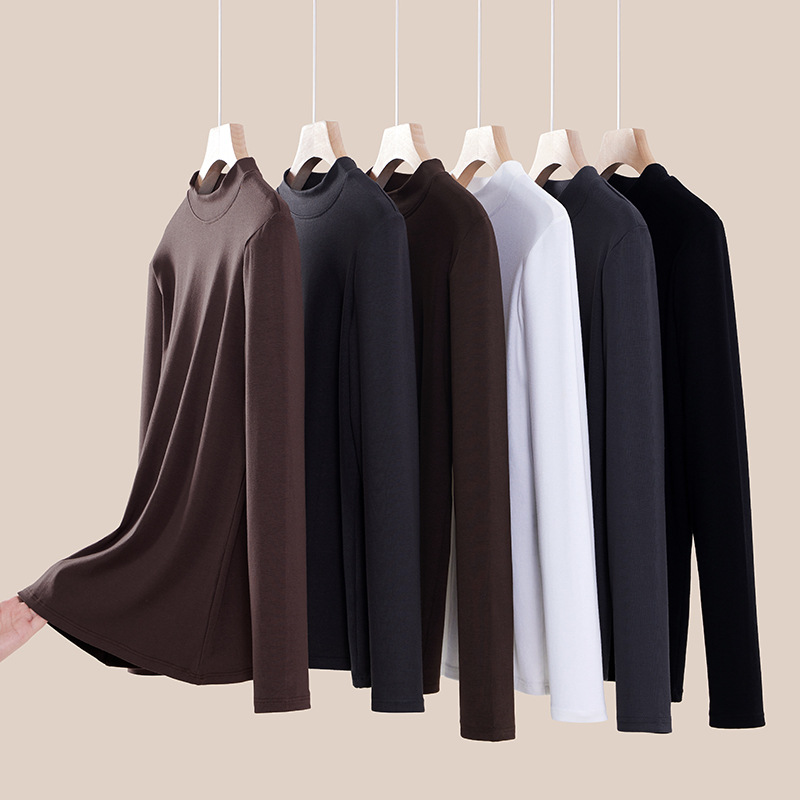 Women's semi-high-neck long-sleeved T-shirt top for spring, autumn and winter, with a fitted, brushed and fleece base layer inside a small stand-up collar details Picture