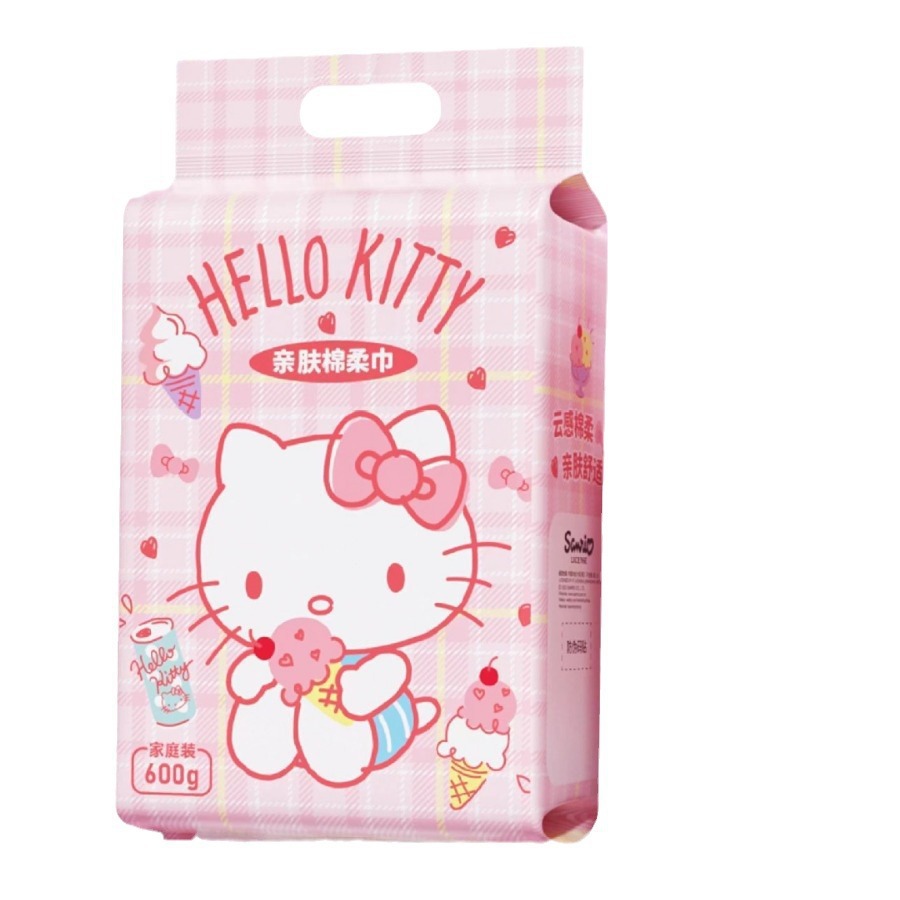 三丽鸥KT猫家用版悬挂抽取式600克珍珠纹棉柔干湿两用洗脸巾纯棉白底实物图