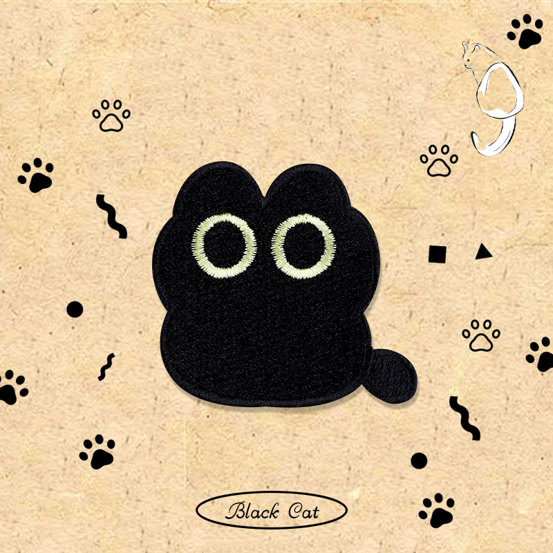 Cartoon little black cat embroidery patch, hand journal, DIY mobile phone decoration, schoolbag, Longxiang self-adhesive paper, clothes patch details Picture
