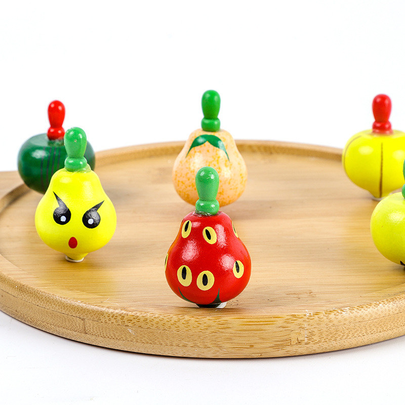 Colorful small wooden fruit gyroscope, traditional nostalgic children's cartoon wooden educational toy, wooden gyroscope craftsmanship Specification image