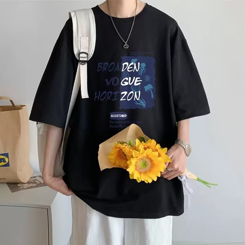 Summer's new short-sleeved loose T-shirt for men, a trendy casual half-sleeved shirt with a five-quarter sleeve top Specification image