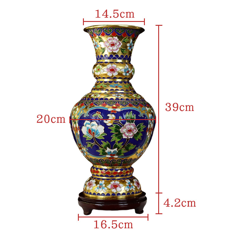 Beijing Jingtai Blue Vase Ornament, Craft Gift, Cloisonne enamel filigree silver Blue 15-inch Noble Peony Flower Mushroom Vase Item Picture