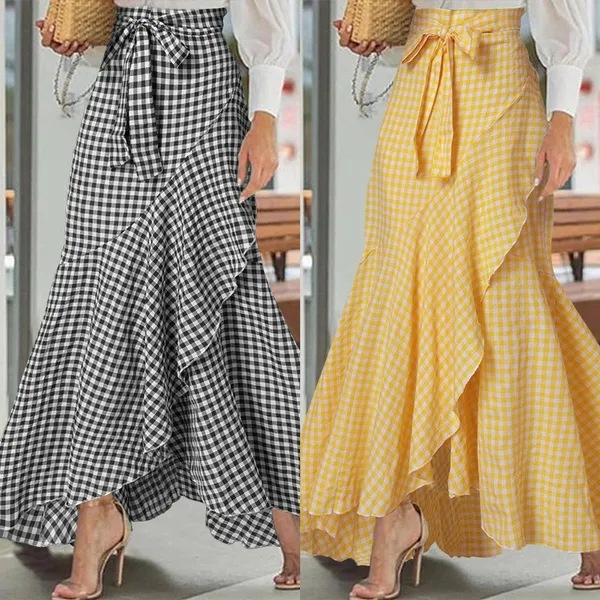 Cross-border women's checkered mermaid skirt with ruffled edges and irregular hem, high-waisted casual umbrella-wrapped long dress full figure