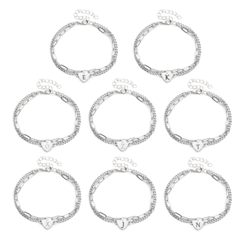 European and American stainless steel long box chain rectangular chain style bracelet, 26-letter DIY heart-shaped bracelet, titanium steel simple bracelet Item Picture