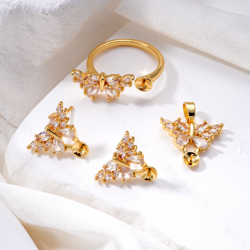 Pearl ring, earneedle pendant, three-piece set, empty stand, heavy butterfly design, high-end feel, DIY light luxury, high-end feel
