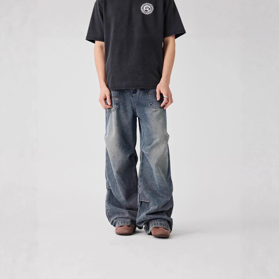 Casual straight-leg slightly flared jeans for men, loose wide-leg pants for men, classic men's casual pants for teenagers Specification image