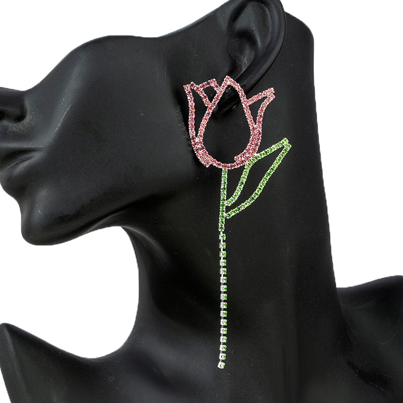 Factory supply design sense tulip flower rhinestone earrings for women, cross-border European and American rose full diamond long earrings full figure