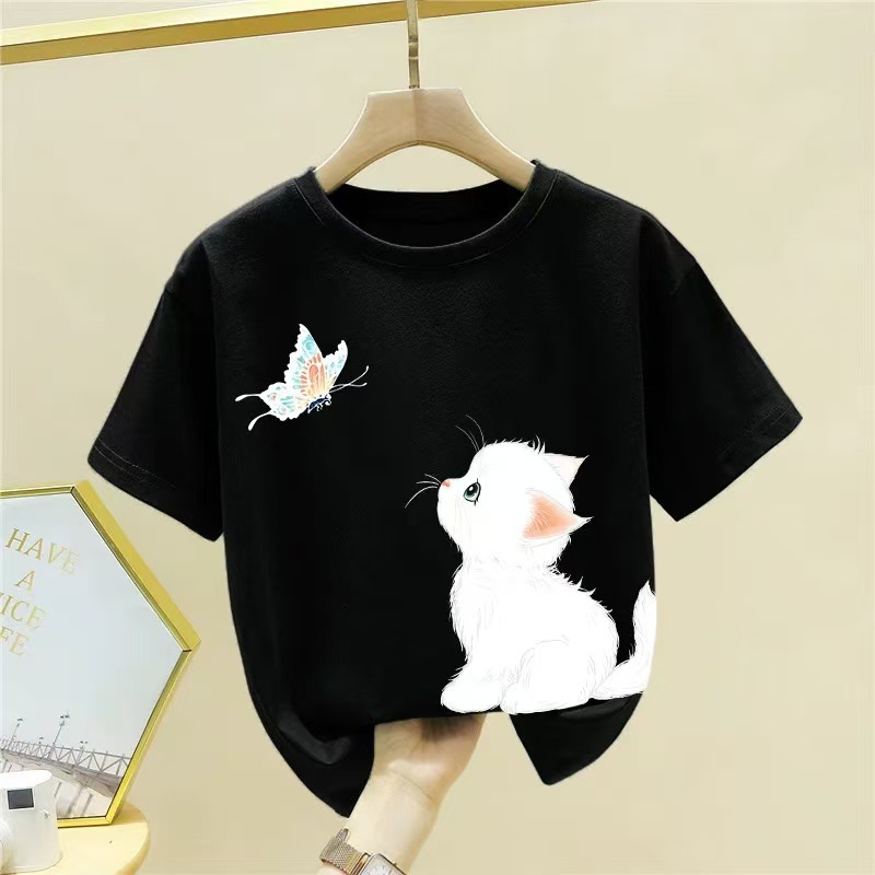 Cat children's short-sleeved T-shirt for summer 2025 new style, a nice top for girls, a half-sleeved pure cotton summer dress for boys