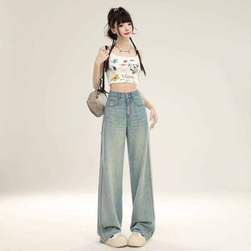 浅蓝色天丝牛仔裤女夏季新款设计感浅蓝色宽松冰丝窄版直筒阔腿裤