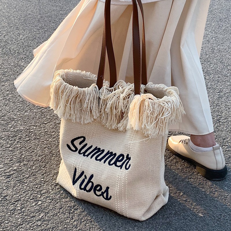 Cross-border canvas bag, printed canvas bag, large-capacity canvas tote bag, women's single-shoulder bag, new beach bag, tassel embroidery women's bag, crossbody backpack, hand-held single-shoulder tote bag, canvas bag Specification image