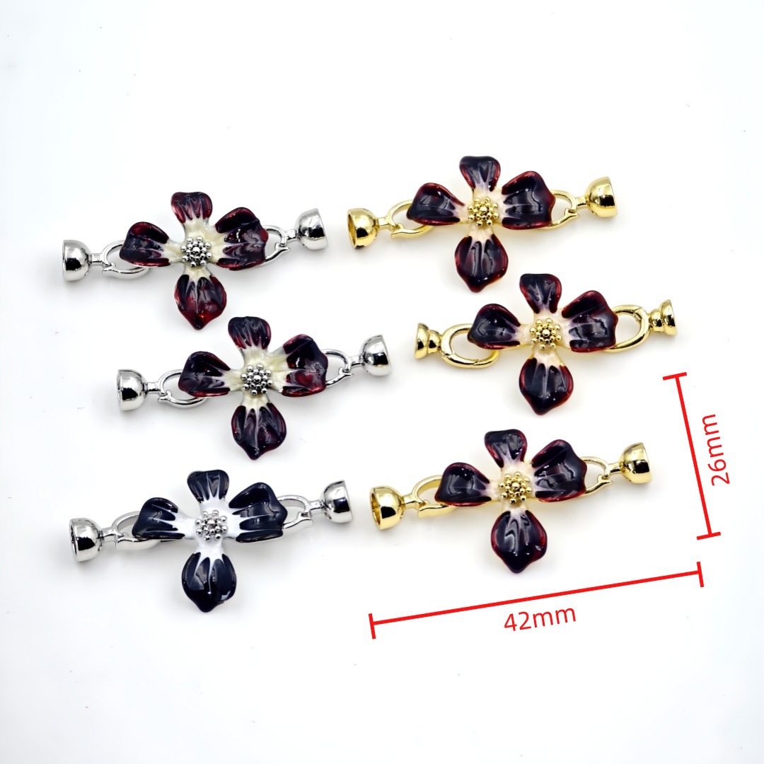 18k electroplated real gold pearl accessories, Ankela red and white flower black oil-dripping copper necklace bracelet clasp details Picture