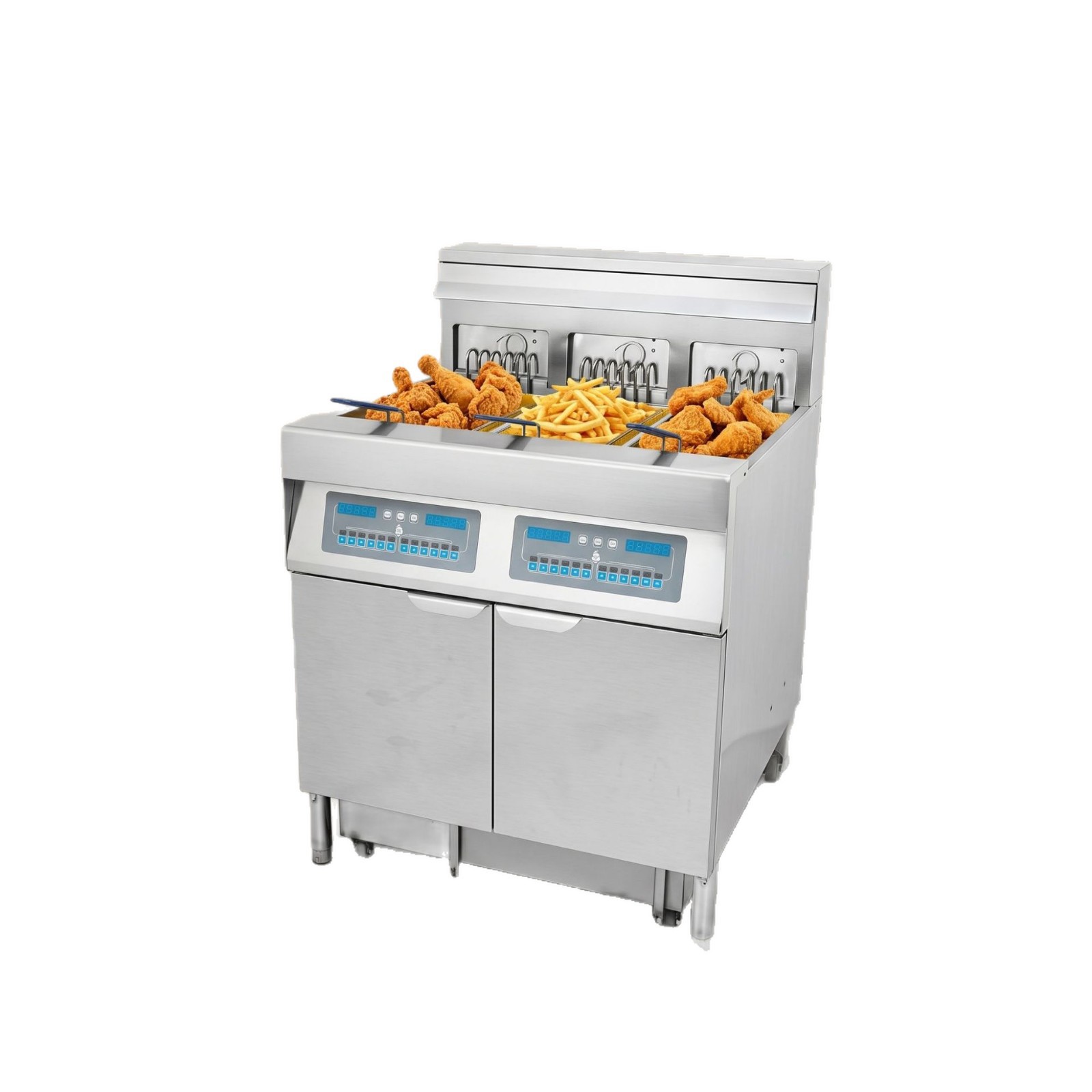 Silver stainless steel double-cylinder electric fryer with lifting oil filter device, commercial cake cabinet, cake gift box and skewer equipment Item Picture