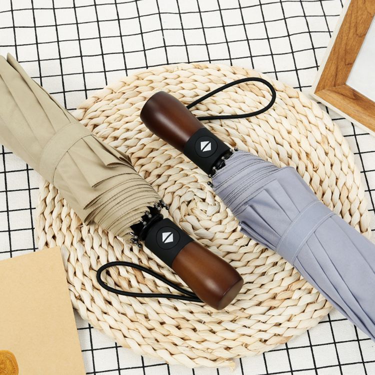 10-bone automatic three-fold umbrella, high-end wooden handle men's business folding umbrella, wind-resistant black rubber gift umbrella, advertising umbrella Specification image