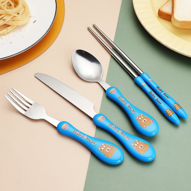 Greedy Bear Stainless Steel portable tableware, cute cartoon student, children outdoor travel spoon, fork, chopsticks and knife set Application Scenario