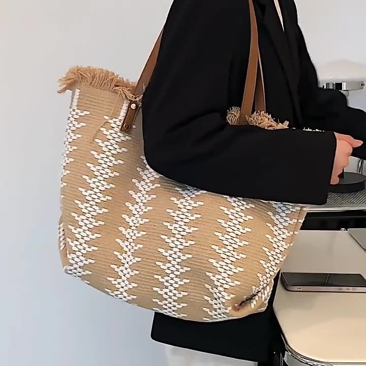 Cross-Border Canvas Bag, Fringed Handbag, Large-Capacity Portable And Simple Tote Bag, Cotton And Linen Bag, Versatile Commuting Single-Shoulder Bag, Beach Bag, Fringed Woven Bag, Women's Single-Shoulder Handbag, Tote Bag, Women's Canvas Bag Specification drawing