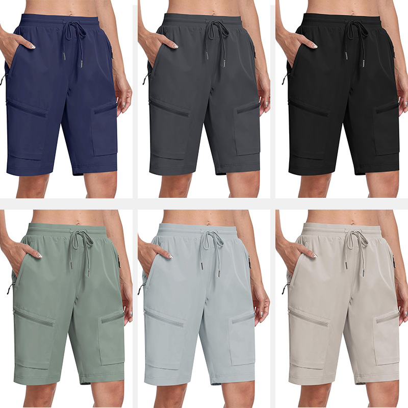 亚马逊夏季女士速干透气沙滩短裤口袋抽绳宽松户外休闲健身五分裤产品图