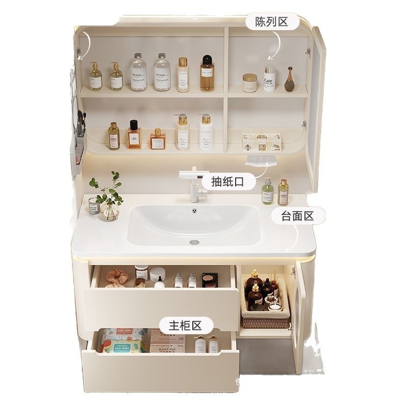 智能浴室柜防水防潮卫浴陶瓷一体盆装修卫生间梳妆台简约现代实木白底实物图