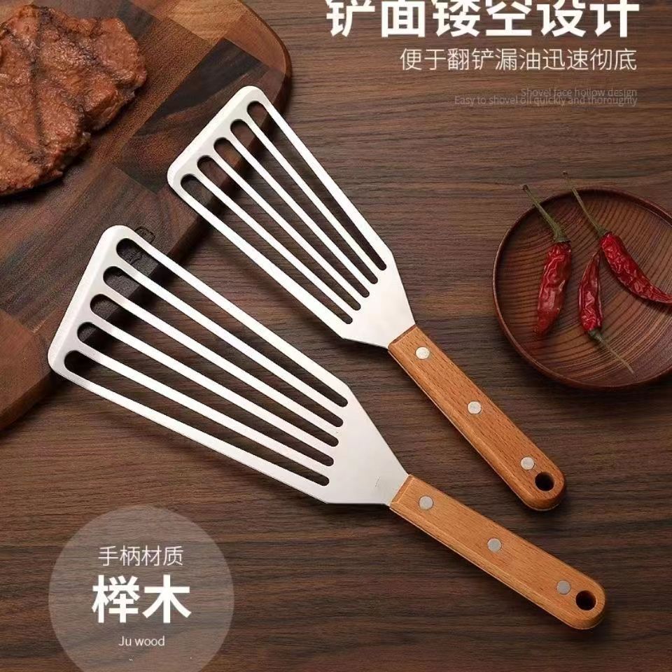 Espátula de carne de vaca espátula de cocina de acero inoxidable espátula multiusos espátula de carne espátula de pescado teppanyaki espátula de anguila espátula de escape con mango de madera Specification image
