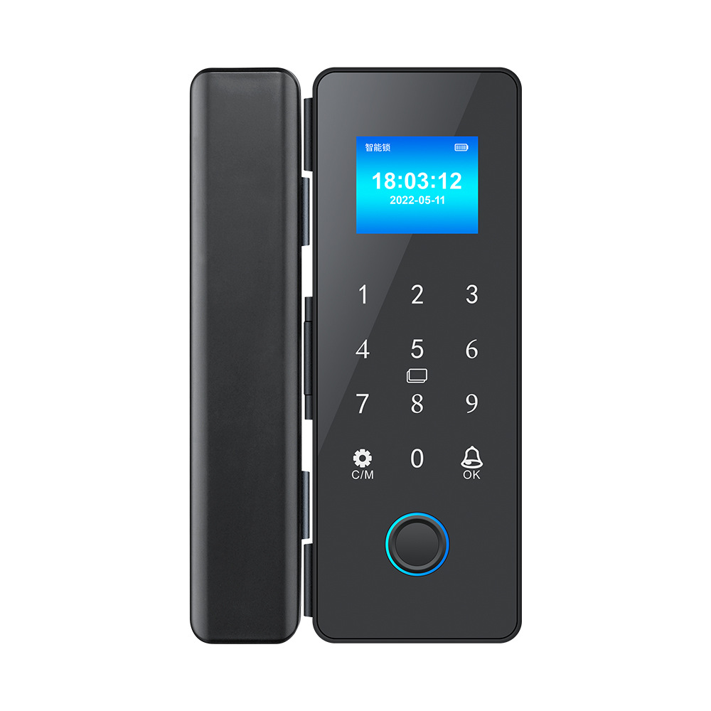 The black smart door lock is equipped with a digital keyboard, a circular fingerprint recognition area, a screen showing time and date, and can be remotely controlled via an APP Item Picture
