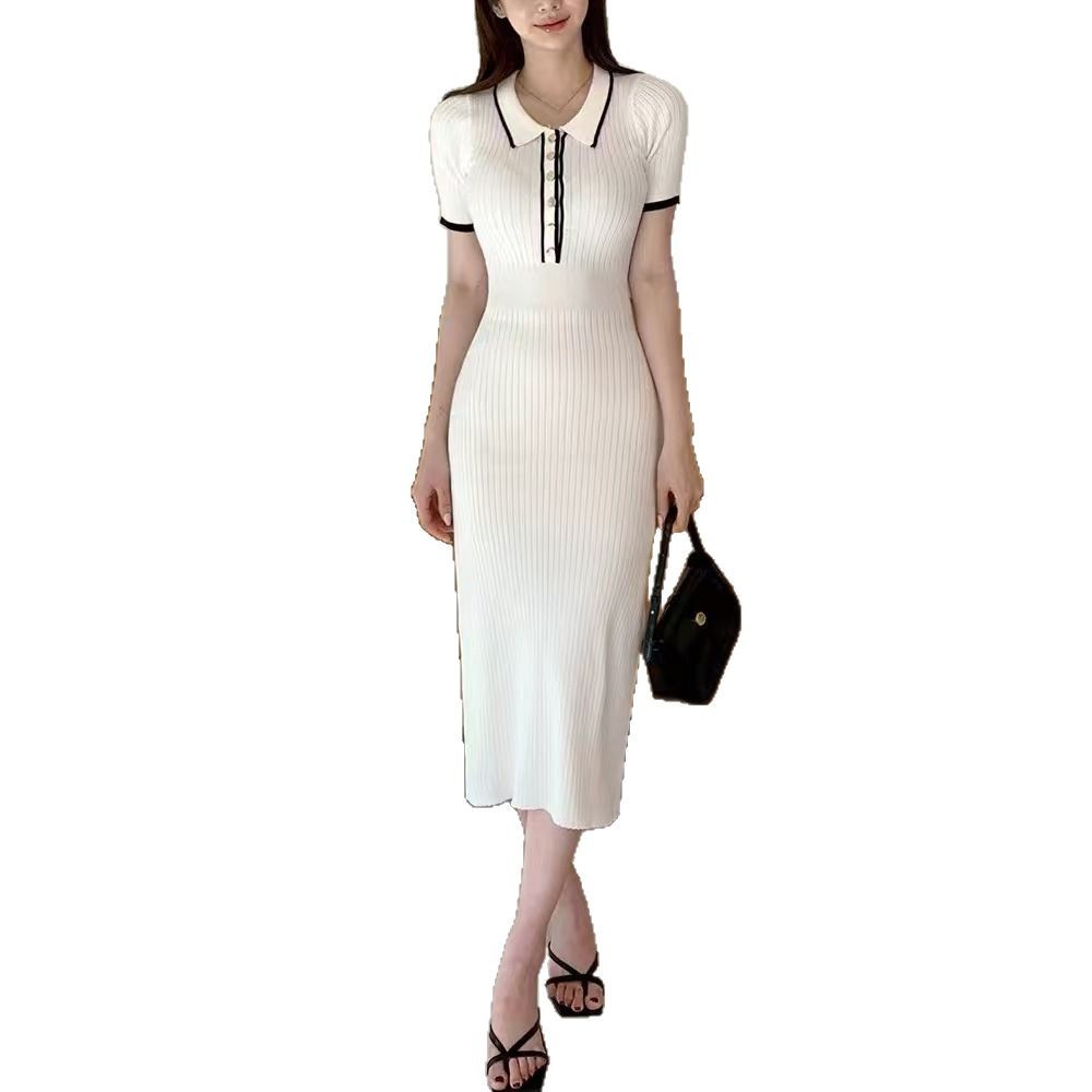 Korean-style chic retro pure charm POLO collar stretch slimming, color-blocking short-sleeved knitted body-hugging dress Item Picture