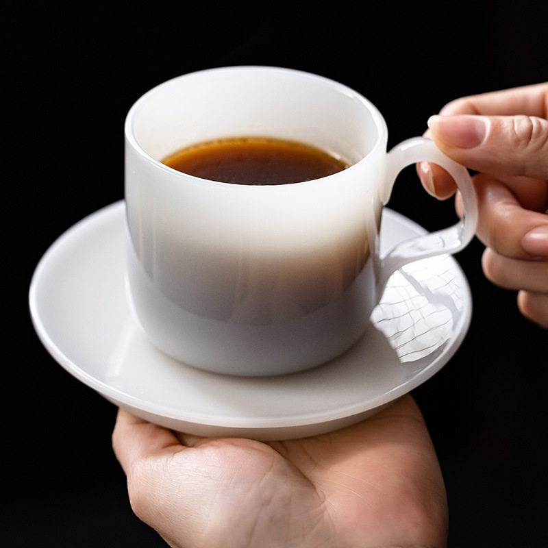 高端冰种璞玉咖啡杯碟套装精致轻奢白瓷水杯酒店咖啡厅纯色咖啡杯