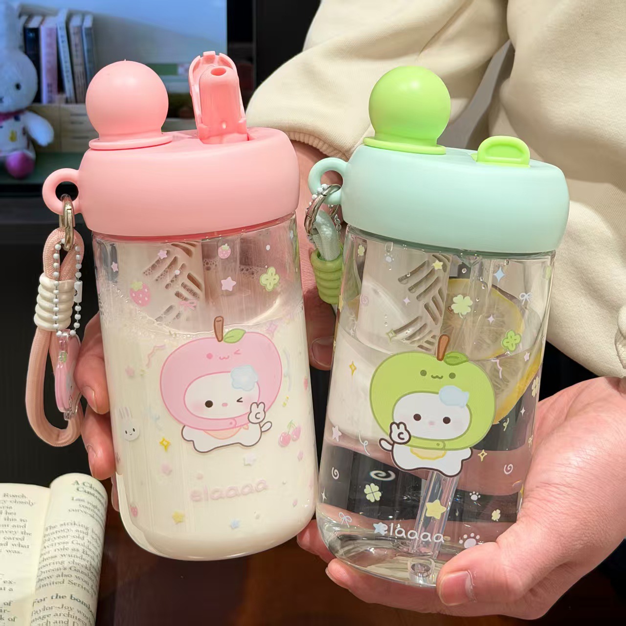 New Year's cute colorful cat plastic water cup, high appearance level for girls, portable large-capacity straw double drinking cup for students