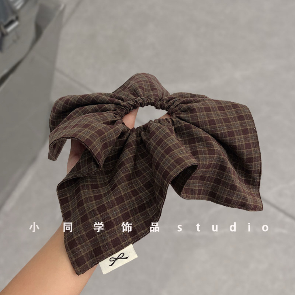 A high-end double-layered checkered large intestine hair band for women, a delicate Korean-style suit fabric, with a low ponytail hair tie Specification image