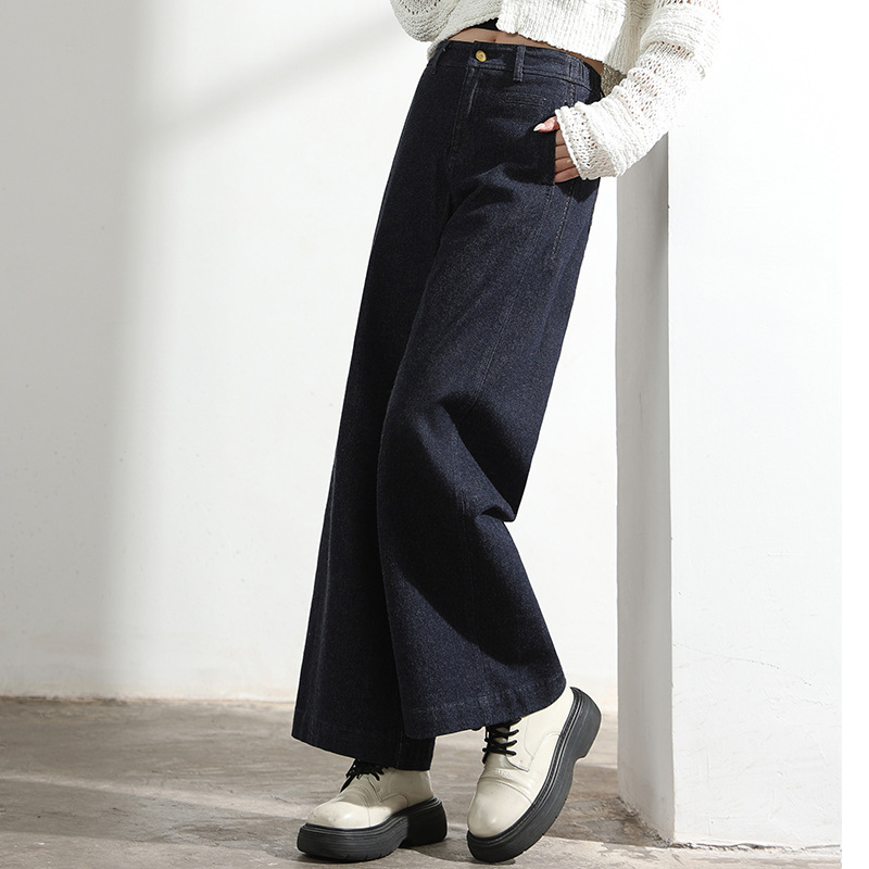 Factory direct sales of new deep blue side spliced slimming 9-point A-version wide-leg jeans and casual wool jeans for women details Picture