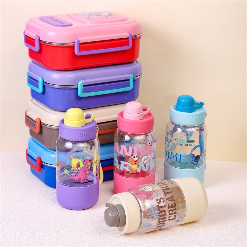 Cross-border children's cute hand-held water cup stainless steel lunch box set manufacturer student cartoon compartments lunch box Specification image