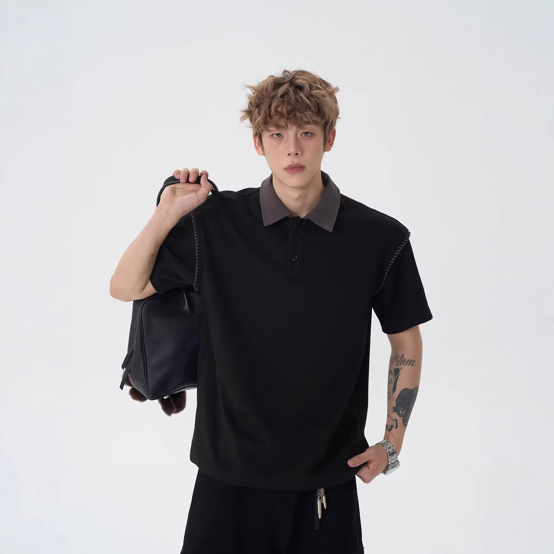 Spring loose patchwork, versatile design, casual and niche T-shirt top, American high-end short-sleeved POLO shirt for men details Picture